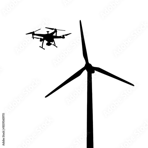 A modern quadcopter drone flying near a wind turbine, symbolizing renewable energy inspection and technological advancement, isolated on transparent background.