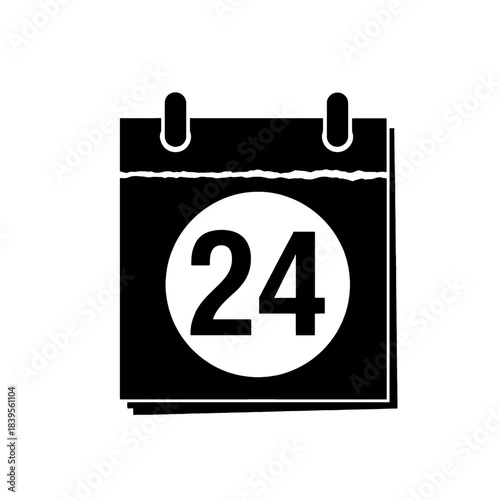 Black calendar icon displaying the number 24, symbolizing an important date, event, or deadline, isolated on transparent background.