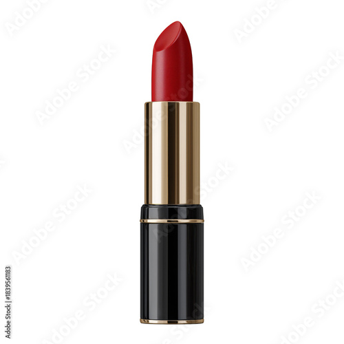 Lipstick in a Black and Gold Tube With Bright Red Color Placed Upright on Whi...