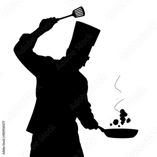 Dynamic black silhouette of a professional chef actively cooking, expertly tossing ingredients in a frying pan while holding a spatula, isolated on transparent background.