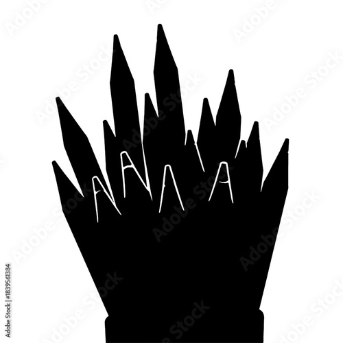 Abstract black silhouette of a spiky, stylized plant or crystal formation with subtle white internal lines, creating a striking graphic element isolated on transparent background.