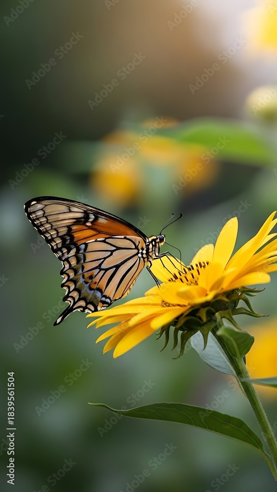 Obraz premium Stunning monarch butterfly with vibrant orange wings rests delicately upon a bright yellow summer flower in soft sunlight