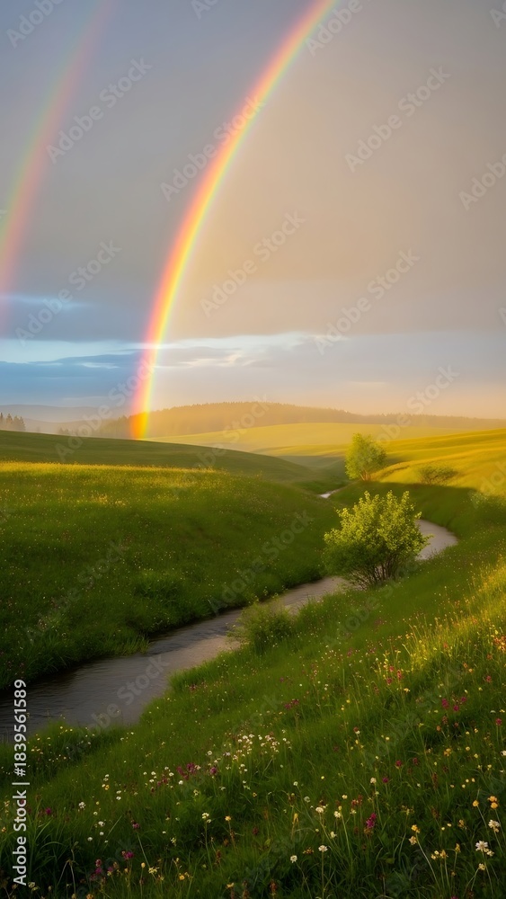 Naklejka premium Stunning double rainbow arches over vibrant green rolling hills and a winding stream at golden hour