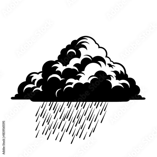 Stylized black cloud with heavy rain falling, a simple yet striking weather icon or symbol, isolated on transparent background for easy integration into any design project.