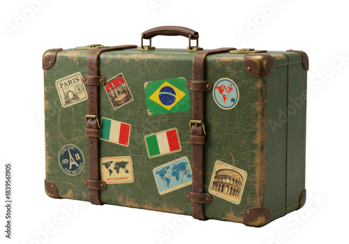 Vintage distressed green leather travel suitcase with ornate brass latches, brown handle, worn global stickers on transparent background, concept of wanderlust and exploration