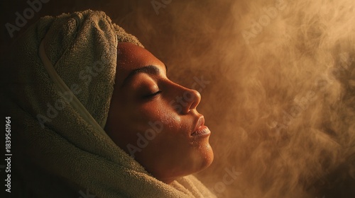 A relaxed woman covered in soft foam during a traditional hammam massage, wrapped in a towel, serene warm lighting, soothing steam atmosphere, natural textures, wellness spa aesthetic