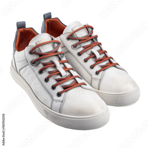 White Sneakers With Red and Blue Laces Displayed on a Plain Background