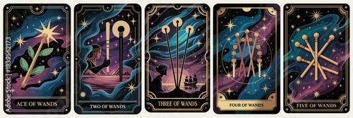 Horizontal set of five Wands tarot cards with gold accents and cosmic purple blue backgrounds, mystical celestial theme, ornate decorative borders.
