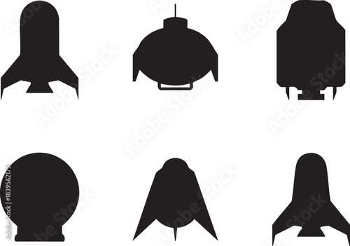 Six black silhouette icons of various retro futuristic spacecraft and flying objects spaceship