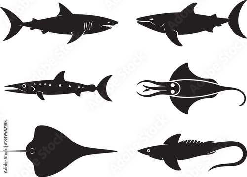 Six black silhouette sea creatures including sharks stingray and squid on white ocean