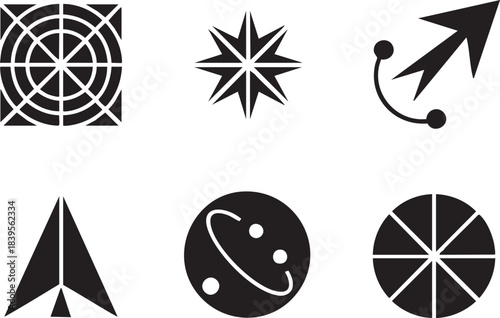 Black geometric icons including compass rose paper airplane and celestial body abstract arrow