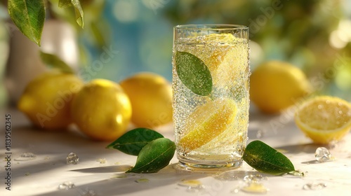 Glass of sparkling lemonade with fresh lemons and leaves in a sunlit kitchen setting, vibrant colors, sparkling bubbles, soft natural lighting, refreshing summer vibe