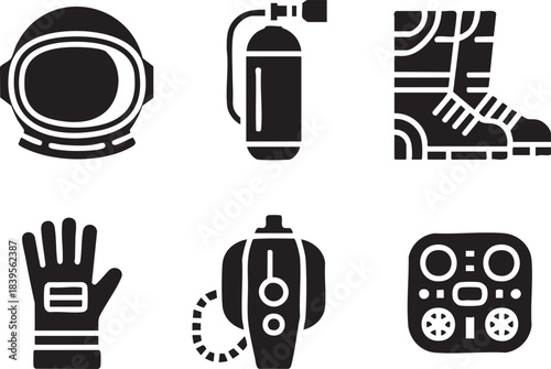 Black icons of astronaut helmet oxygen tank boots glove respirator and control panel scuba