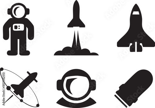 Black silhouette icons of astronaut spaceship rocket satellite and helmet on white background vector
