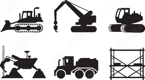 Black silhouette icons of construction vehicles and equipment on white background bulldozer crane