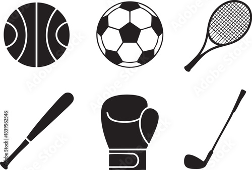 Black silhouette icons of basketball soccer ball tennis racket baseball bat boxing glove golf club