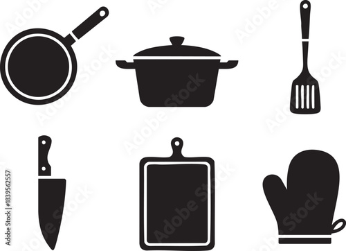 Black silhouette icons of cooking utensils including a frying pan pot spatula knife cutting board and oven mitt