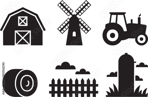 Black silhouette icons of farm objects including barn windmill tractor hay bale fence and silo