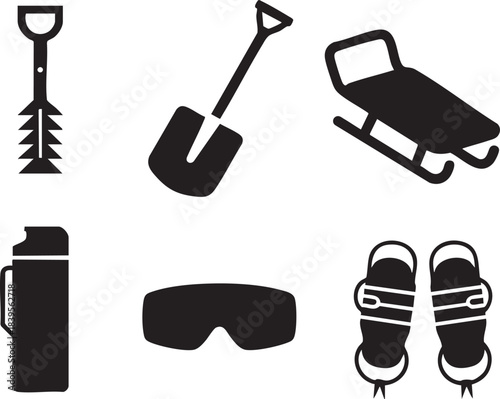 Black silhouette icons of winter sports equipment and tools on white background shovel spade