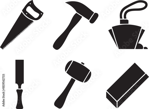 Black silhouette icons of woodworking tools including saw hammer chisel mallet and sharpening stone