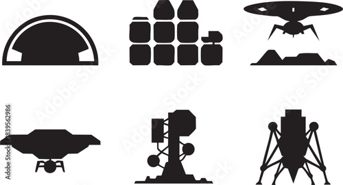 Collection of black silhouette icons depicting spacecraft and space structures on white background