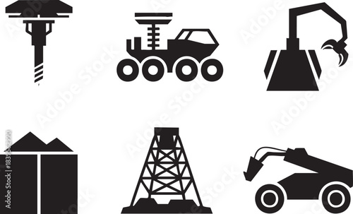 Collection of black industrial equipment icons including drill rover crane tower and loader mining