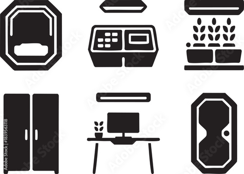Collection of six black and white icons depicting indoor objects and equipment graphic