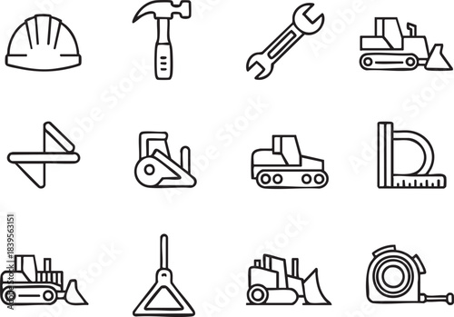 Collection of construction and repair tools and heavy machinery icons hardhat helmet