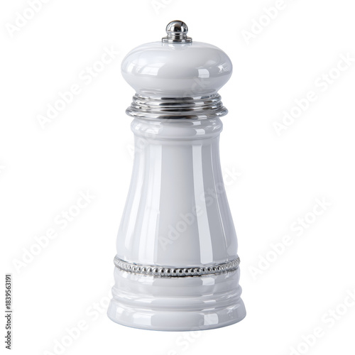 White Salt Shaker With Silver Accents on a Plain Background in a Kitchen Setting