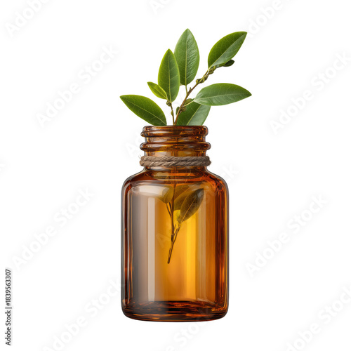 Glass Bottle With Leaves Displayed on Light Background in a Simple Arrangement