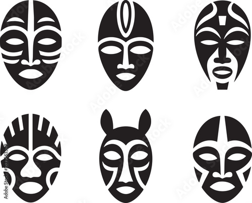 Six Black African Tribal Masks with Stylized Faces and Patterns on White Background vector