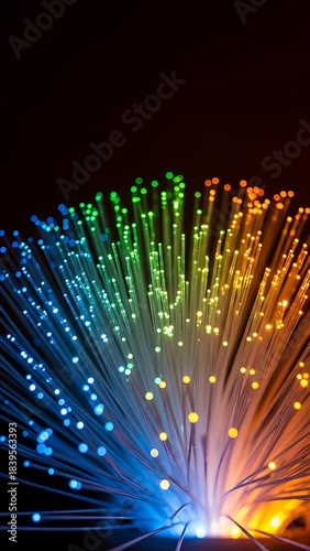Stunning vibrant fiber optic strands glow with brilliant blue, green, and orange light against a dark background
