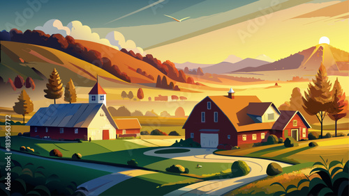 Very beautiful golden sunrise illuminating Jenny Farm as soft morning fog drifts across fields and classic barns. A timeless Vermont landscape filled with warm autumn color and peaceful rural charm.