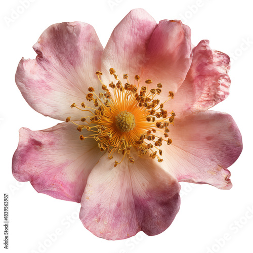 Pink Flower With Yellow Center, Taken in a Natural Setting Under Soft Light
