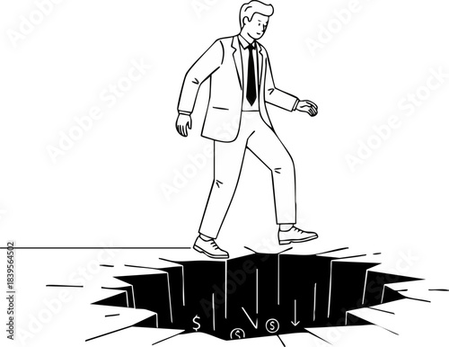 Businessman walks carefully over falling currency symbols on dark ground