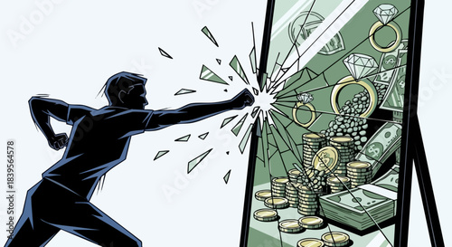 Man punching mirror reflecting wealth desire breaking illusion of riches