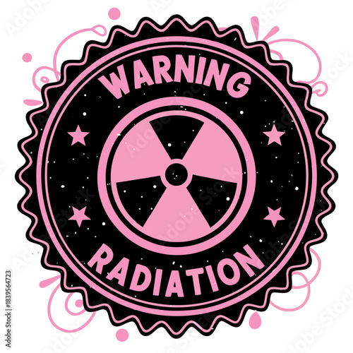 "Pink grunge radiation hazard warning stamp with trefoil symbol and decorative swirls, retro vintage danger sign vector for alternative punk design"

