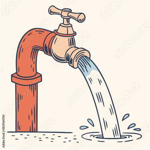 "Vintage outdoor water faucet tap illustration with flowing stream, plumbing conservation theme vector for environmental awareness and utility"

