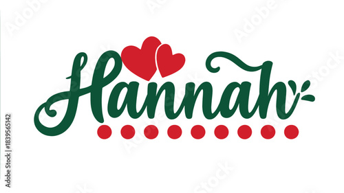 Elegant green cursive script text spelling hannah with two red hearts above and a row of red dots below silhouette