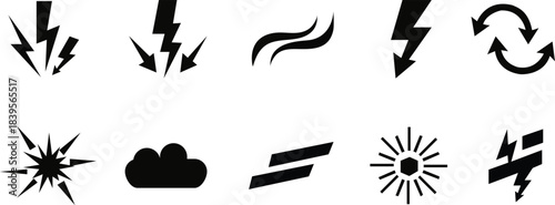 Electricity and Weather Icons Set – Lightning, Energy, Power, Shock, Cloud, Burst, Sun, Refresh Symbols