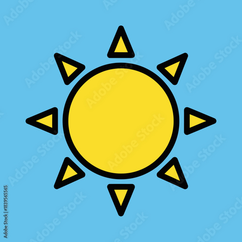 Stylized yellow sun icon with triangle rays on a vibrant blue background isolated on white background, Vector
