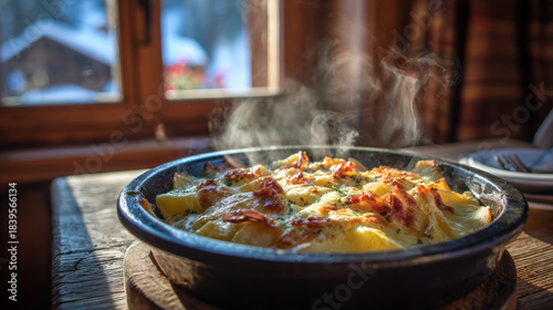 Heartwarming Winter Comfort Food: Steaming Hot Alpine Potato Gratin (Tartiflette or Raclette Style) in a Rustic Cabin Setting