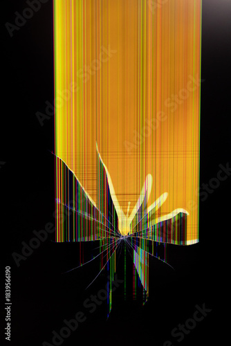 Damaged electronic device screen displaying vibrant colorful vertical lines and a starburst fracture, representing technology malfunction, hardware failure, and potential repair