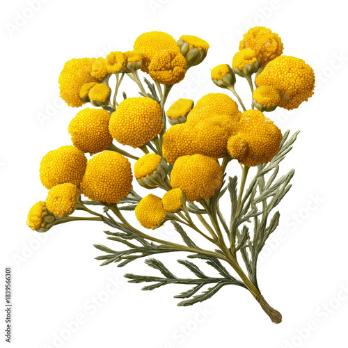 Yellow Flowers With Round Blooms and Green Leaves, Displayed on a White Backg...