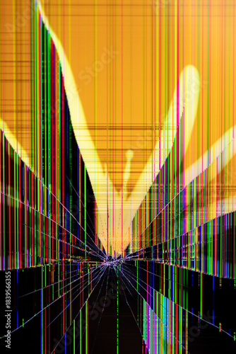 Broken digital screen with a striking abstract display of vibrant pixel lines and radial cracks, symbolizing technology malfunction, damage, and device repair need