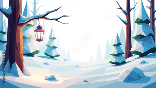 Winter forest scene with lantern, snow-covered trees, and a peaceful atmosphere
