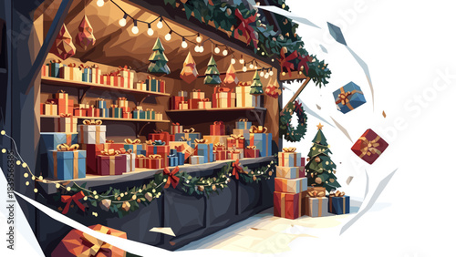 Festive Christmas Market Stall Displaying Colorful Wrapped Gifts