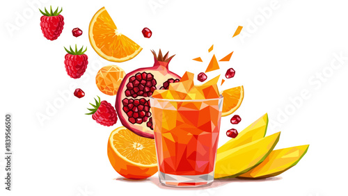 Colorful low poly illustration of a refreshing fruit smoothie with mango, orange, and pomegranate