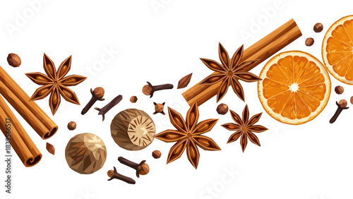 Festive arrangement of spices, star anise, cinnamon sticks, and orange slices