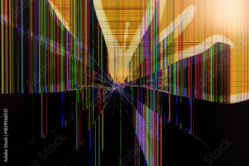 Severely cracked LCD screen displaying vibrant vertical pixel lines from impact, symbolizing technology damage, malfunction, and abstract digital error